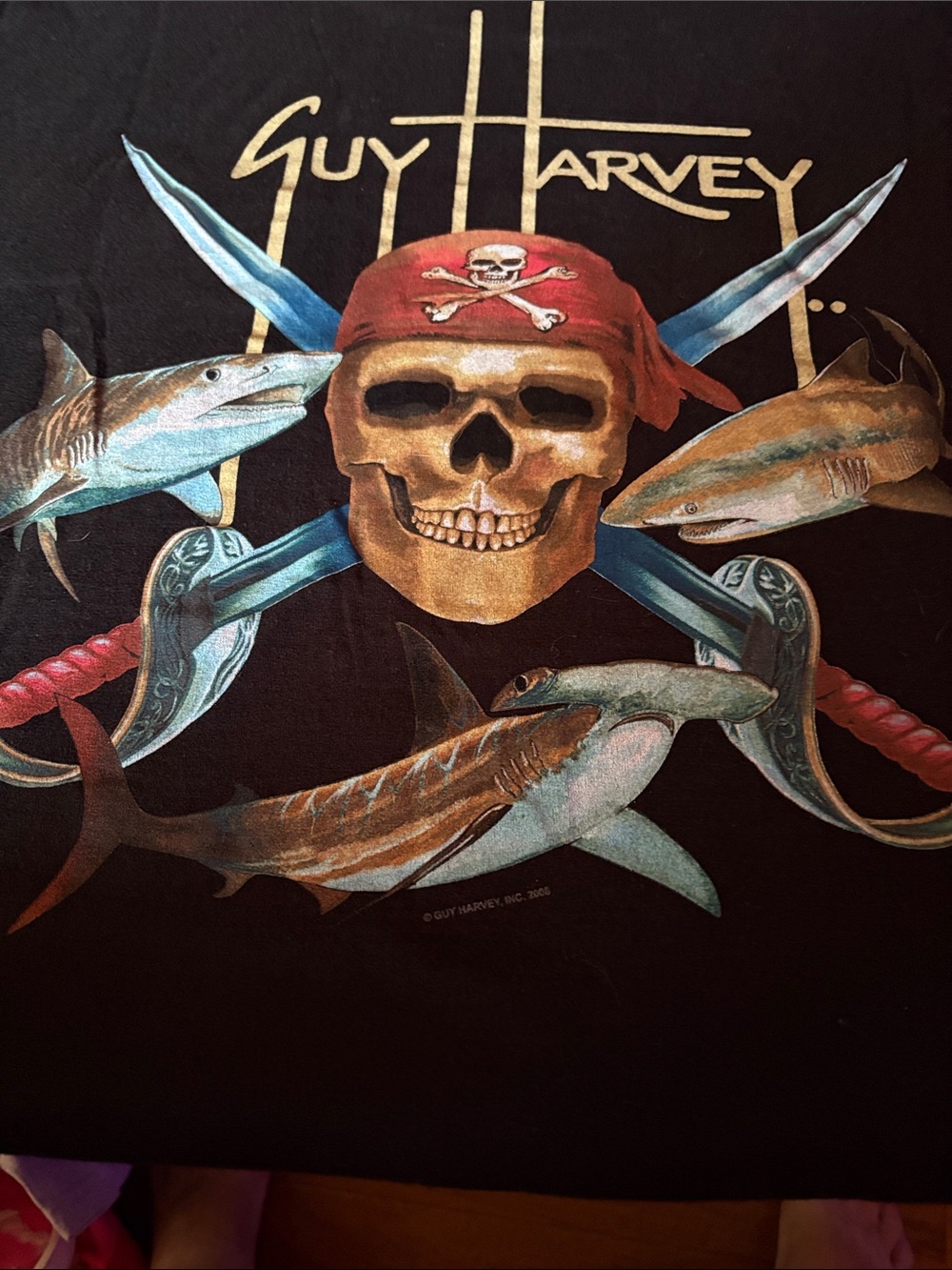 Guy Harvey Black Tee with Red Bandana, Gold Skull & Blue Sharks